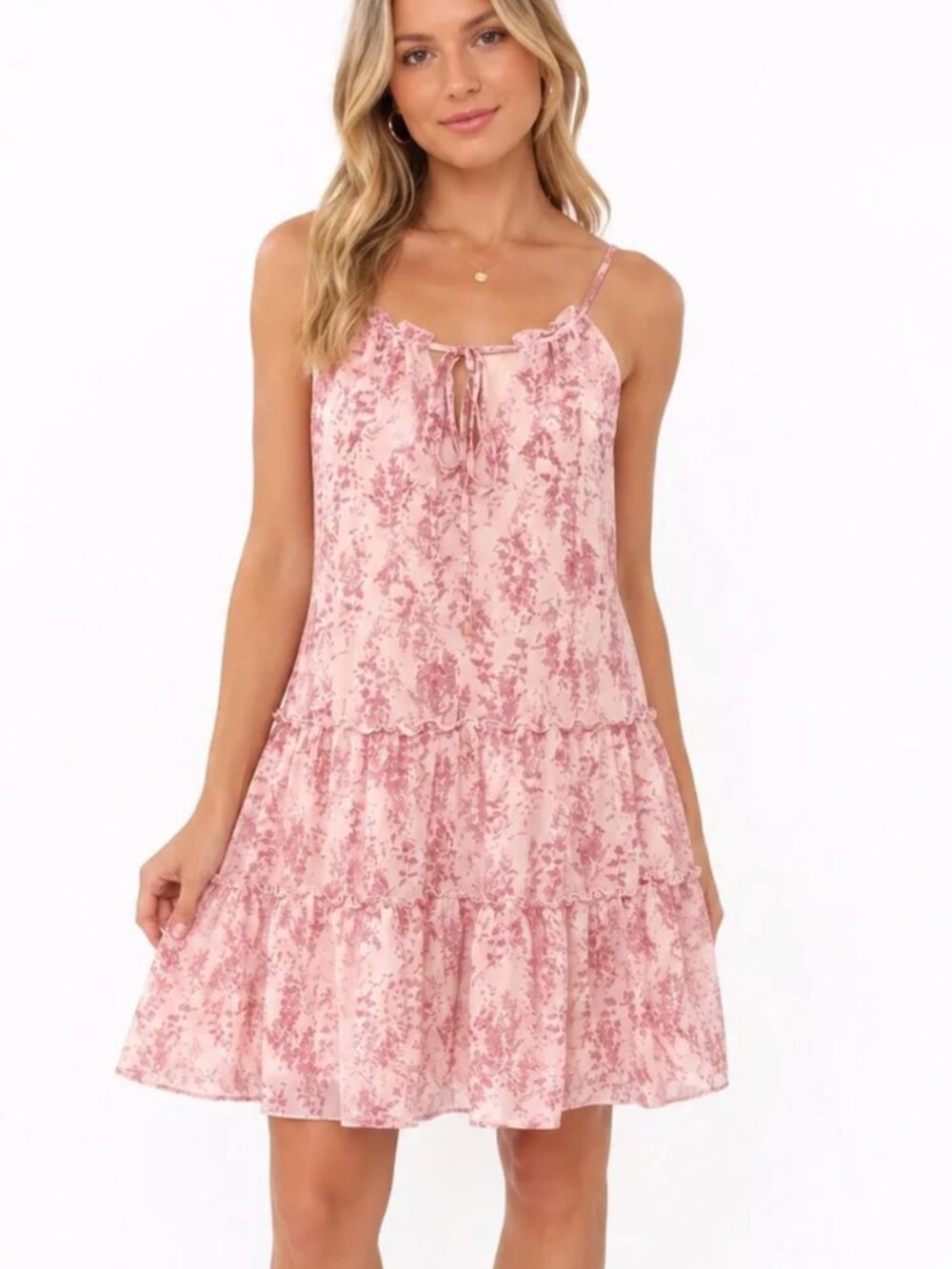 DREW - Pink Floral Tie-Front Tiered Mini Dress - Size S
